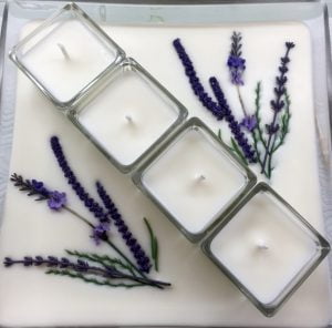 Glass Square with four glass cubes - designed with lavender