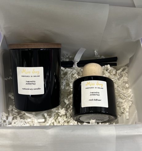 Aftershave Inspired 30cl black gloss candle and reed diffuser gift set